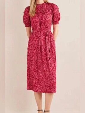 Boden Pink Floral Ruffle Stretch Jersey Knit Midi Dress with Belt and Pockets